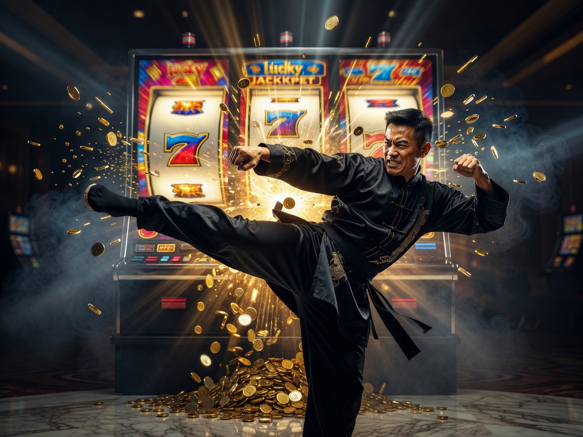 Dramatic kung fu strike pose with virtual jackpot slot reels behind