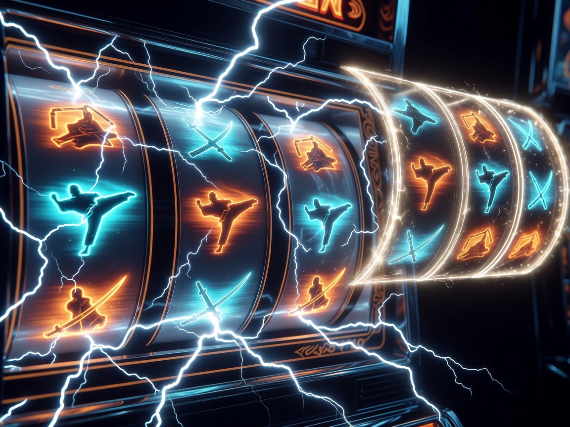 Virtual slot reels glowing with martial arts energy and lightning effects
