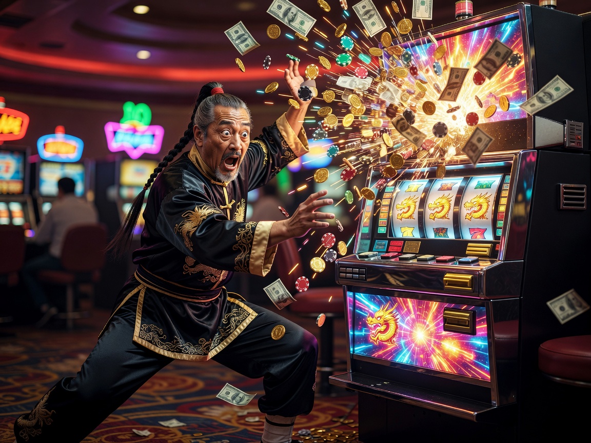 Kung fu character reacting to virtual jackpot slot explosion